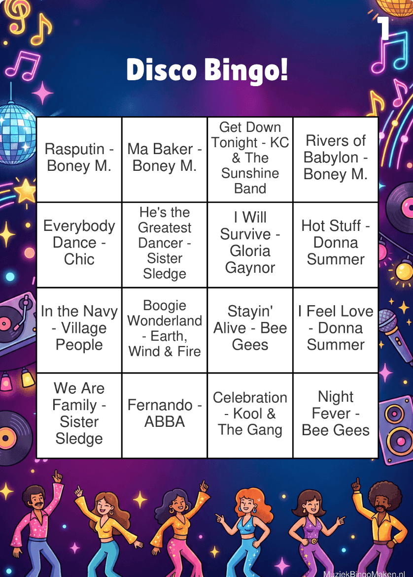 Disco bingo kaart voorbeeld