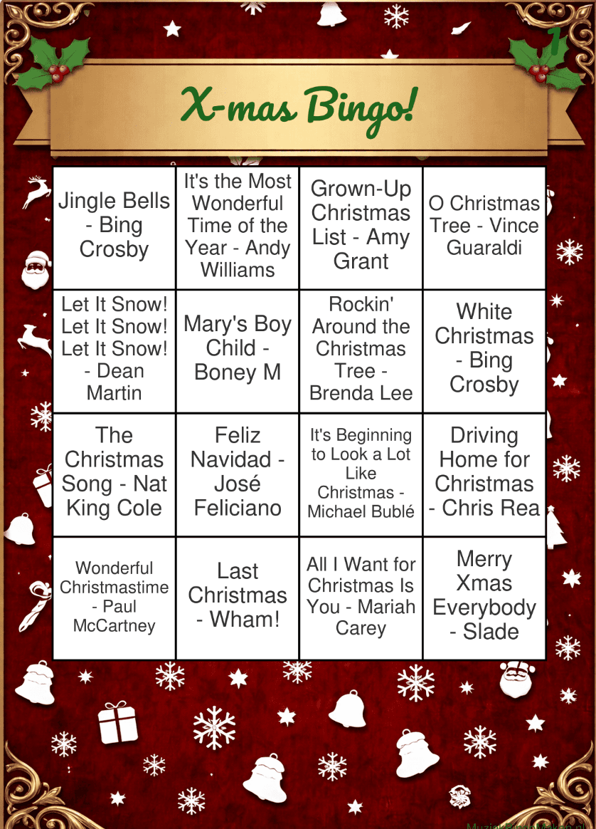 Kerst muziekbingo kaart voorbeeld