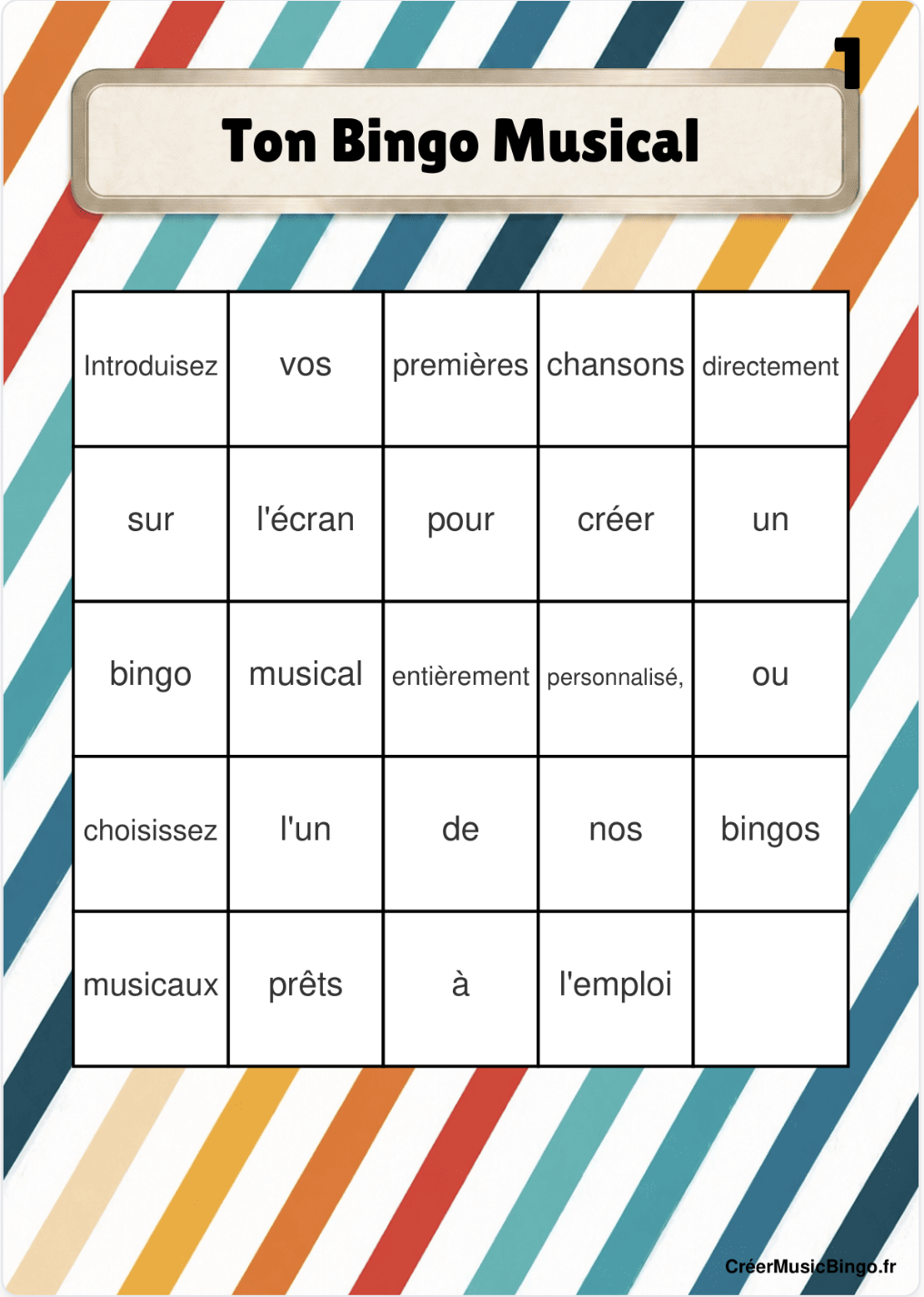 Aperçu d'un modèle de carte de Music Bingo vide